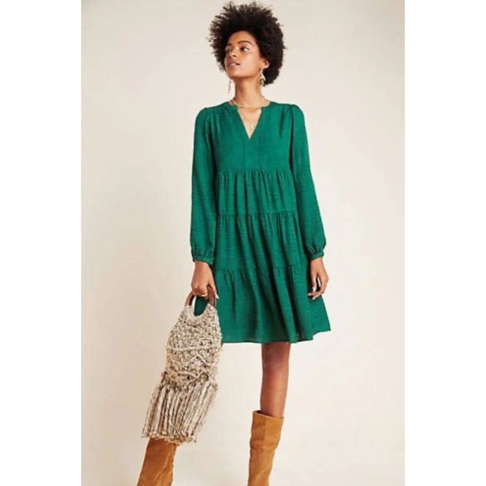 Maeve Anthropologie Amber Tiered Tunic Dress Long Sleeve V Neck Boho Green Med